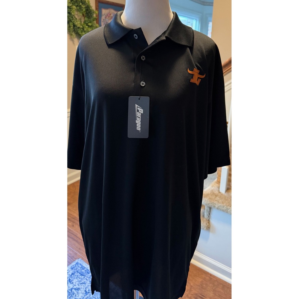 Paragon Plus Mens Black Polo Shirt Large UPF 30 Wick Away Orange Bull Logo NWT